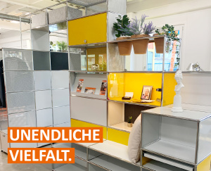 USM Haller Möbelbausystem - umfangreiches Beispiel in unserem Showroom in Griesheim